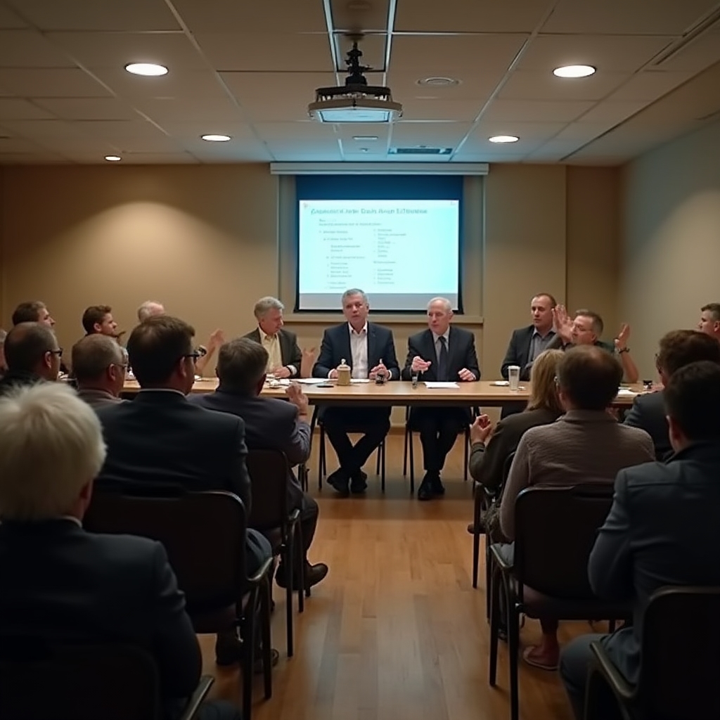 Tense building assembly meeting with residents raising hands and a committee at the front