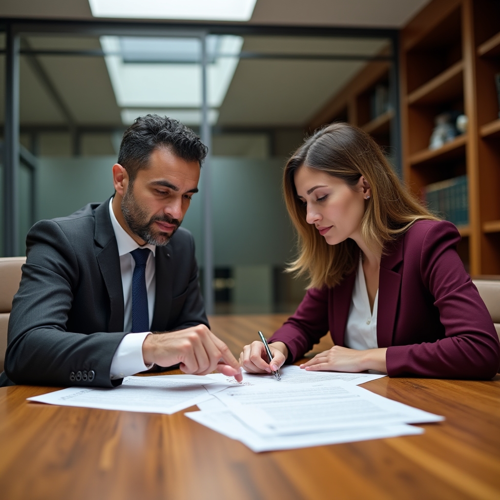 Two people reviewing maintenance service contracts in a building lobby