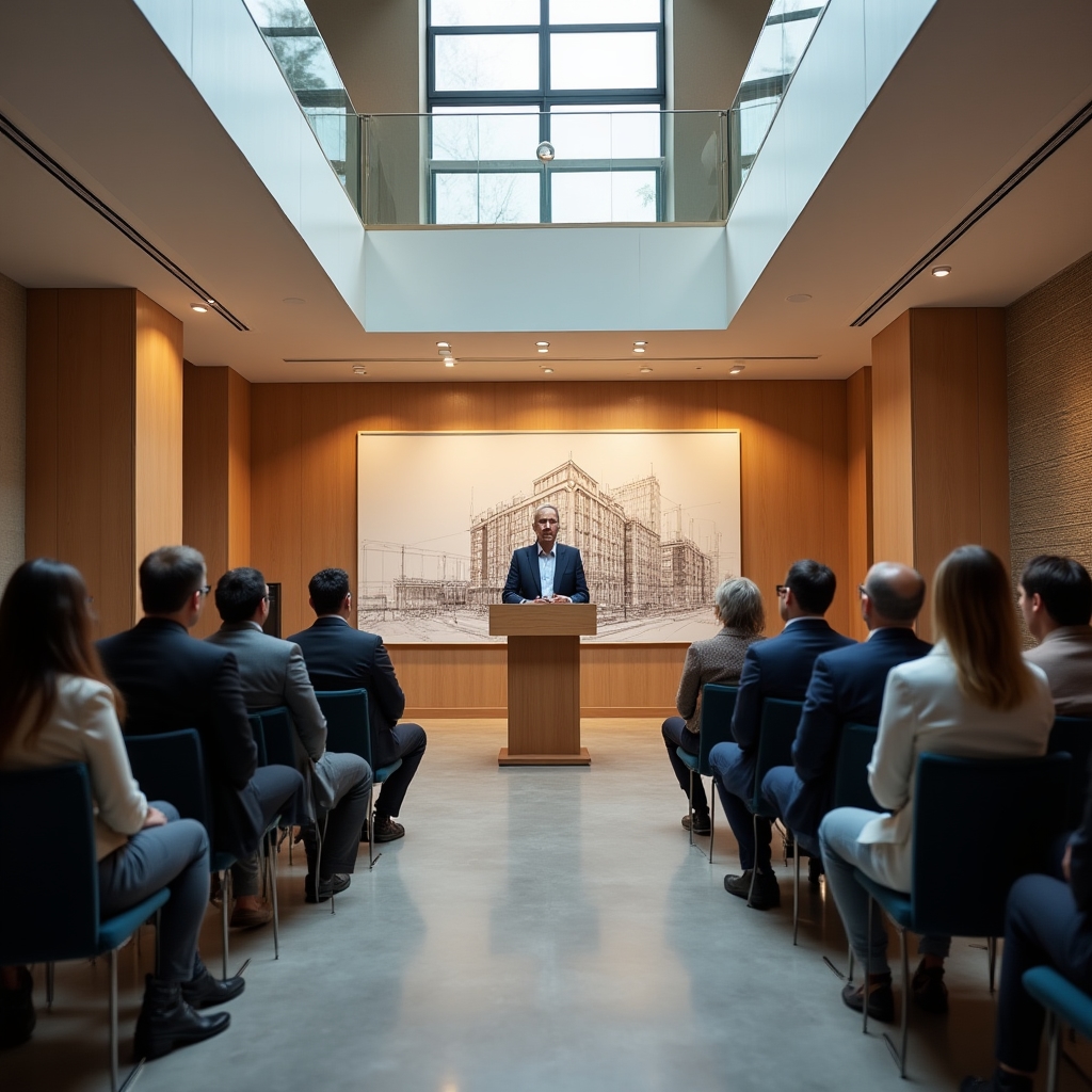 Real estate developer presenting new residential building to buyers at a formal handover event